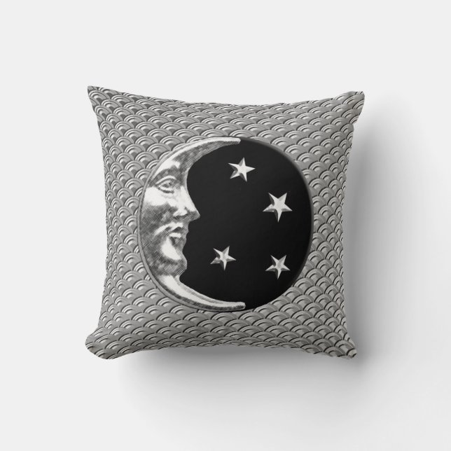 Coussin Art Déco Lune et étoiles - Noir et Argent (Recto)