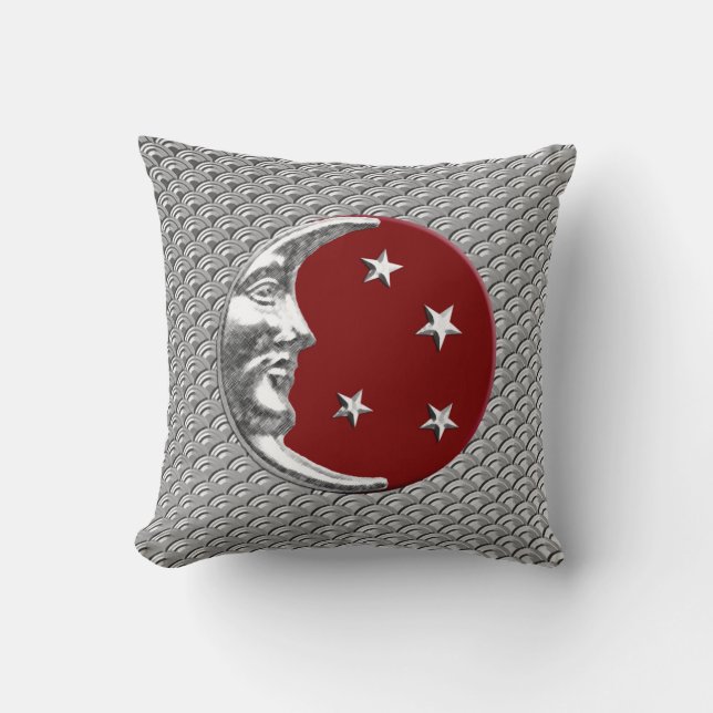 Coussin Art Déco Lune et étoiles - Rouge foncé et argent (Recto)
