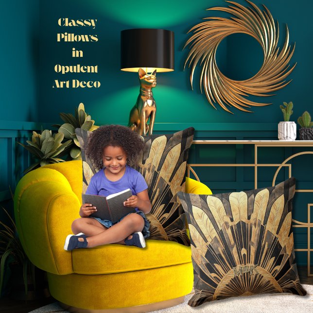 Coussin Art déco moderne Gold Noir Sunburst Motif 20 x 20 (Personalized Art Deco sunburst motif throw pillows with your personal or business initials/monogram)