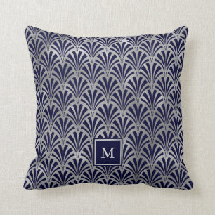 Coussin Art déco moderne  Monogramme d'argent de Navy et d