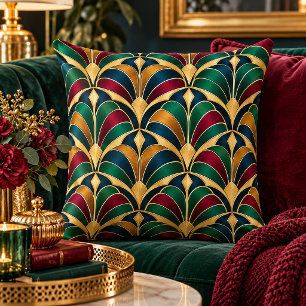Coussin Art Déco Navy, Bourgogne, Or, Vert Géométrique