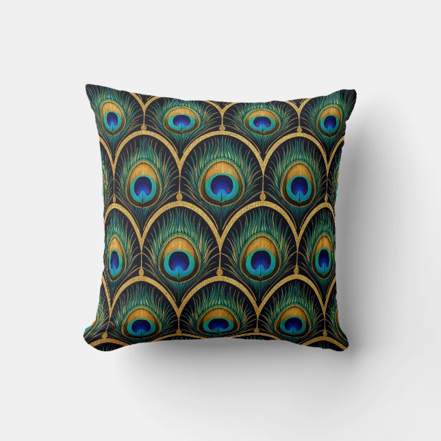 Coussin Art Deco Peacock Feather Pattern Throw Pillow (Recto)