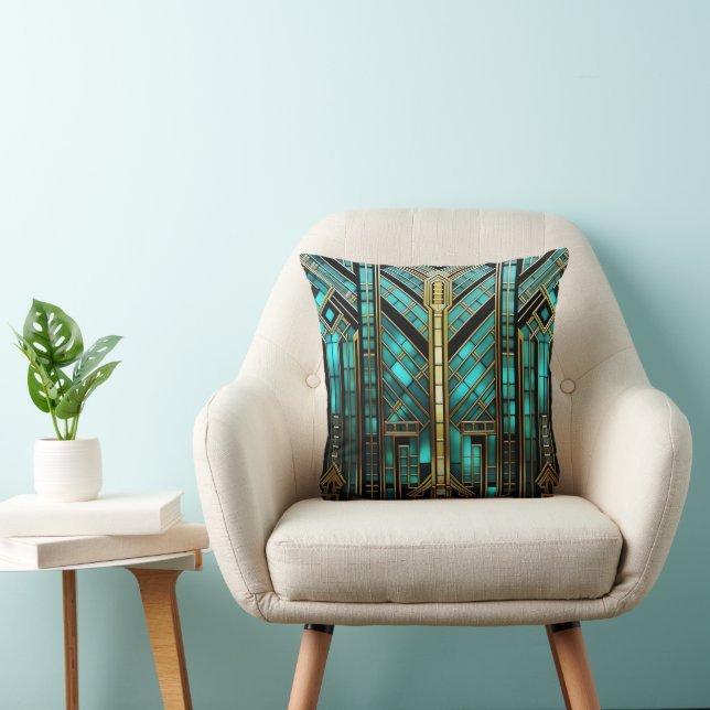Coussin Art Déco Turquoise Or Noir Géométrique (Chaise)