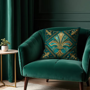 Coussin Art Déco vintage Fleur de lis - Vert et or