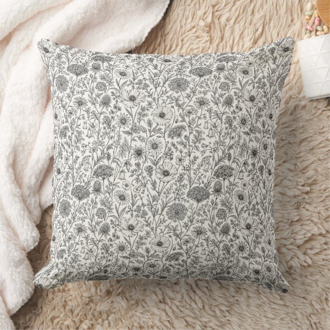 Coussin Art d'encre de fleur sauvage dessinée à la main de (Couverture)