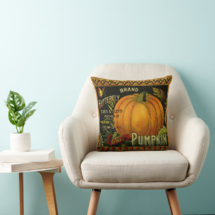 Coussin Art d'étiquette de canette vintage, citrouille pap
