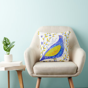 Coussin Art d'oiseau bleu et jaune à l'aquarelle moderne