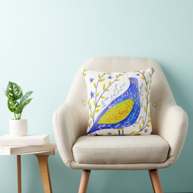 Coussin Art d'oiseau bleu et jaune à l'aquarelle moderne (Chaise)