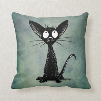 Coussin Art drôle de chat noir sur un vert bleu vintage