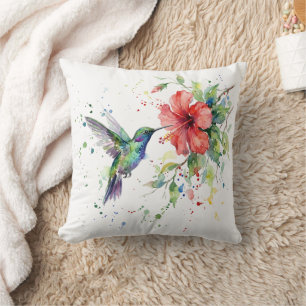Coussin Art floral aquarelle du colibri coloré de la natur