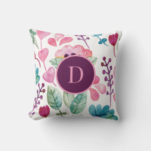 Coussin Art floral aquarelle rose monogramme mignon