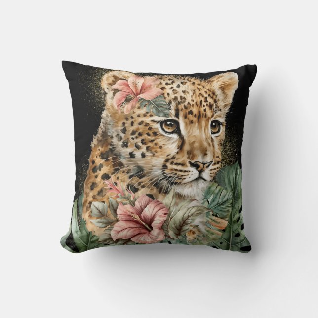 Coussin Art floral d'animaux bébé de jungle à l'aquarelle (Recto)