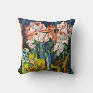 Coussin Art floral expressionniste aux roses roses de Kirc