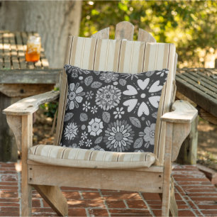 Coussin Art Floral Noir Et Gris Rétro Motif sans couture