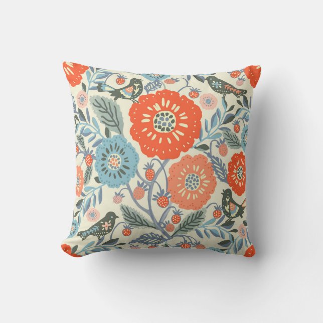 Coussin Art Folk Oiseaux Et Fraise Design (Recto)
