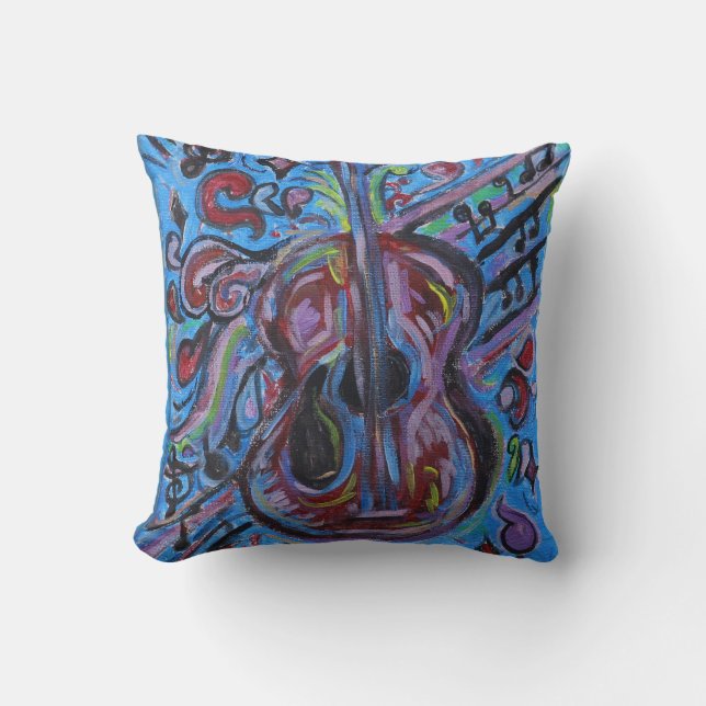Coussin Art folklorique abstrait guitare bleue totalement  (Recto)