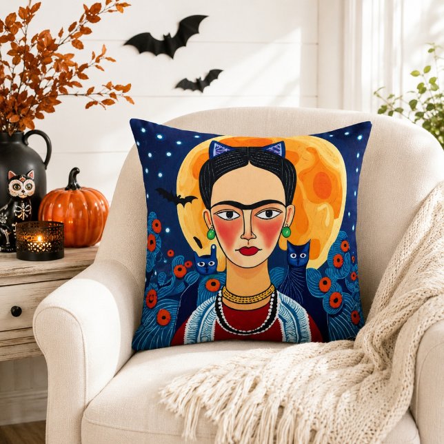 Coussin Art folklorique inspiré de Frida Chat noir Lune pl (Créateur téléchargé)