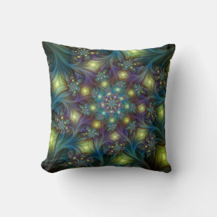 Coussin Art fractal abstrait illuminé brillant sarcelle vi