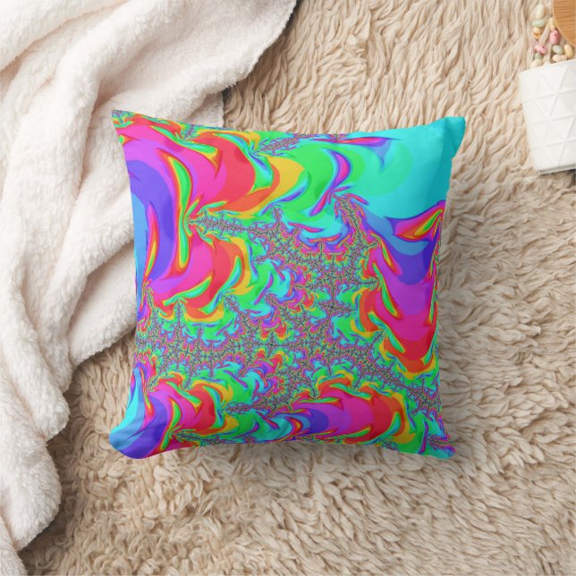 Coussin Art fractal arc-en-ciel néon vibrant rétro défoncé (Couverture)