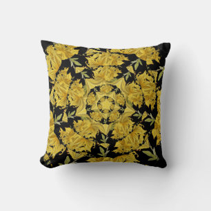 Coussin Art fractal d'azalée jaune et noir