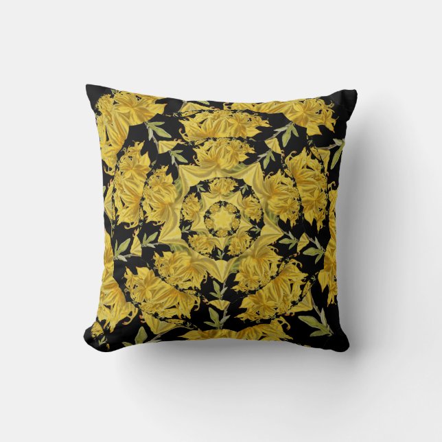 Coussin Art fractal d'azalée jaune et noir (Recto)