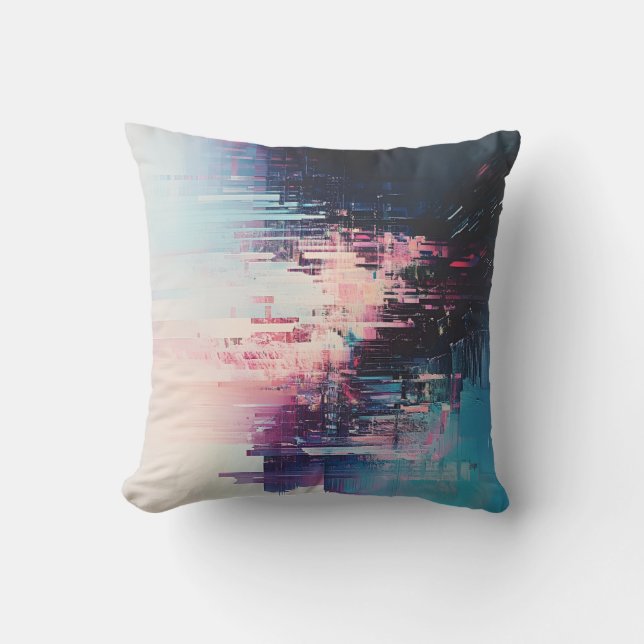 Coussin Art Futuriste Glitch - Design Paysage Urbain Néon (Recto)