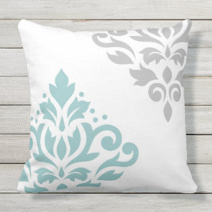 Coussin Art I de damassé de rouleau turquoise et gris sur