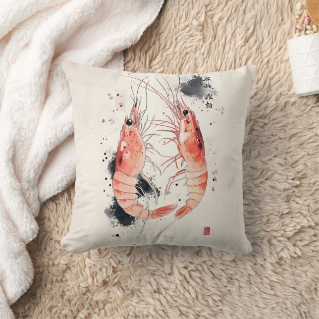 Coussin Art japonais de crevette aquarelle avec calligraph (Couverture)