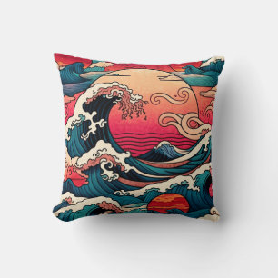 Coussin Art japonais Red Sunset Ocean Wave