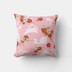 Coussin Art japonais : Sakuras et lapins roses lancent l'o