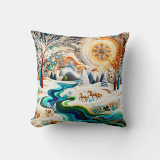 Coussin Art moderne Chevaux brodés en paysage hivernal