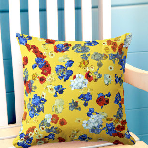 Coussin Art Moderne Fleurs Bleues Rouges Jaunes