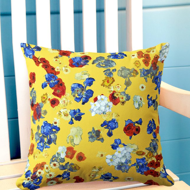 Coussin Art Moderne Fleurs Bleues Rouges Jaunes (Créateur téléchargé)