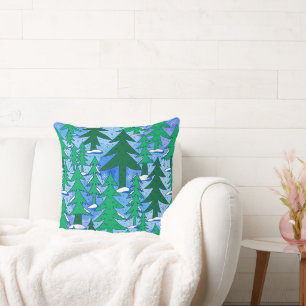 Coussin Art Naïf Forêt de Sapins Hiver Vert Bleu