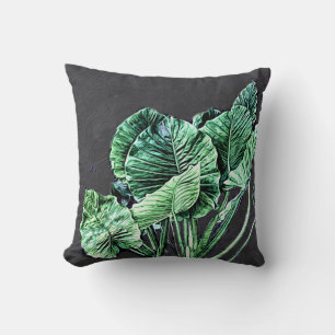 Coussin art nature vert vif feuilles sur gris foncé