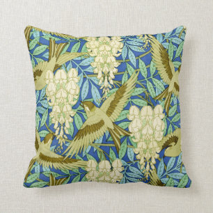 Coussin Art Nouveau de glycines et d'oiseaux floral