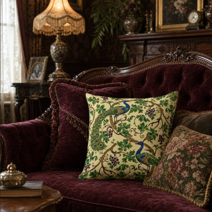 Coussin Art nouveau de l'ère victorienne Paons Vigne