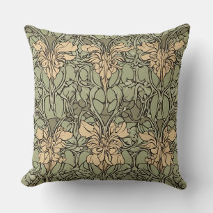 Coussin Art Nouveau Floral Damask Vert, Beige Abstrait