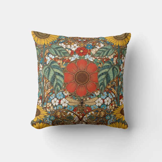 Coussin Art Nouveau Floral Garden – Sunflowers, Bee (Recto)