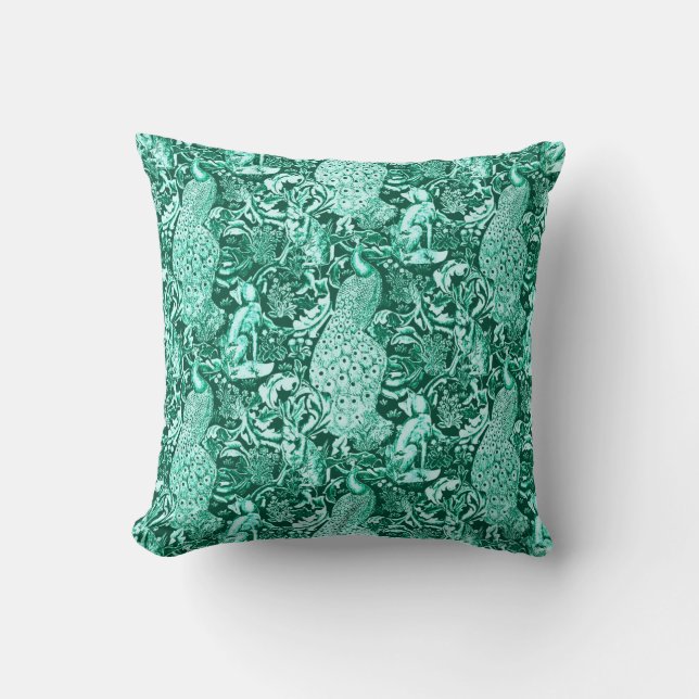 Coussin Art Nouveau Peacock Print, Turquoise et Aqua (Recto)