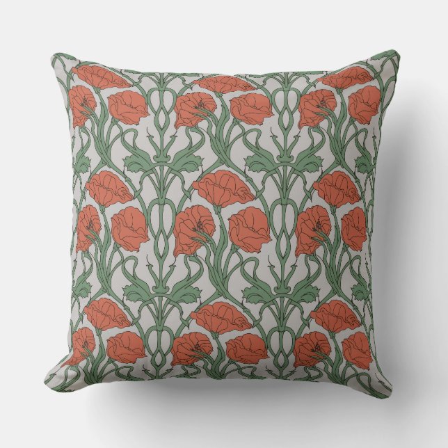 Coussin Art Nouveau Red Poppy Floral Print (Recto)