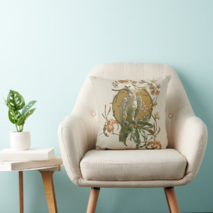 Coussin Art Nouveau vintage, oiseau cacatoès, fleurs d'orc