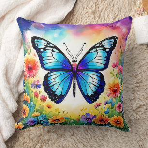 Coussin Art papillon bleu floral