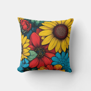 Coussin Art Pop Vibrant Design floral avec tournesols