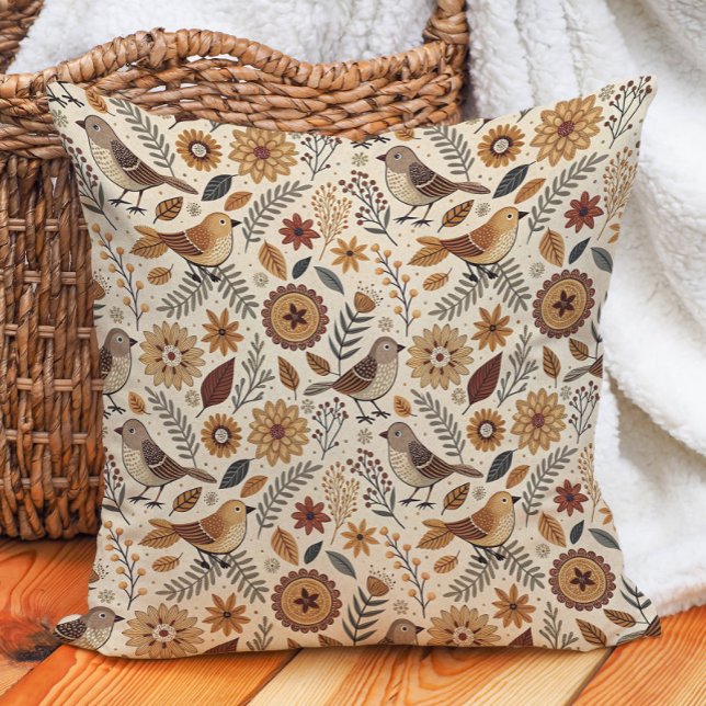 Coussin Art populaire de la forêt d'oiseaux, automne chaud (Bird nature-inspired woodland autumn leaves pillow)