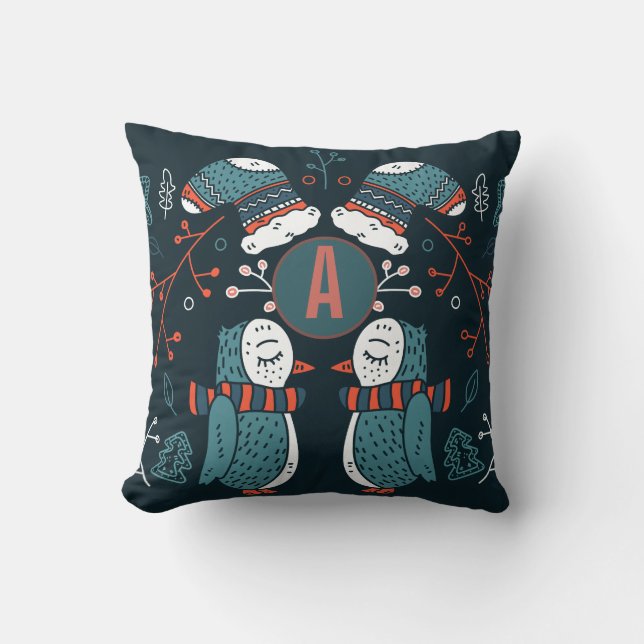 Coussin Art populaire de Noël Monogramme Bleu Rouge Hiboux (Recto)