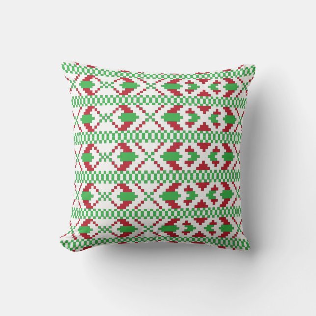 Coussin Art populaire ethnique letton vert et rouge tribal (Recto)