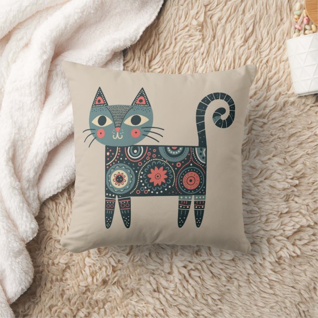 Coussin Art populaire fantaisiste rétro boho chat beige  (Couverture)