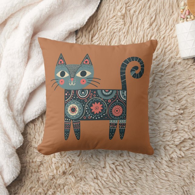 Coussin Art populaire fantaisiste Rétro Boho Chat en argil (Couverture)