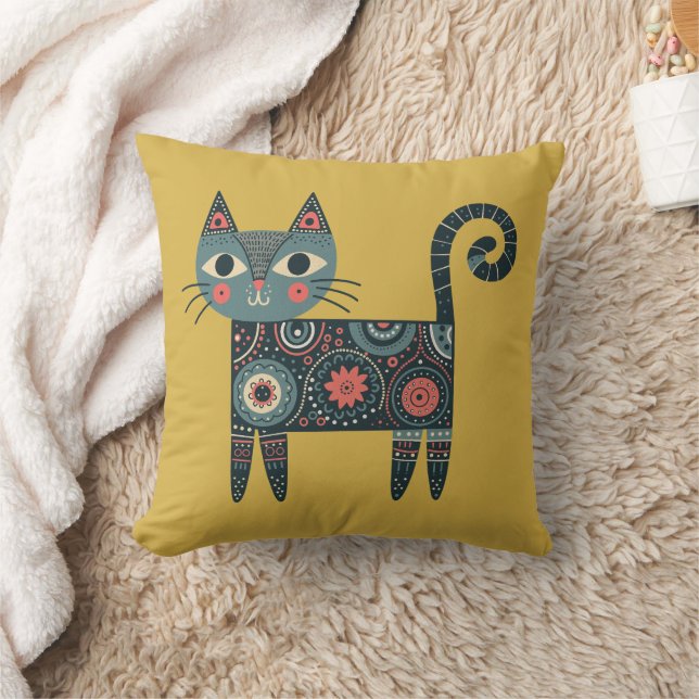 Coussin Art populaire fantaisiste rétro boho chat moutarde (Couverture)